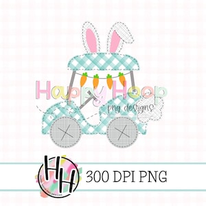イースター ゴルフ カート フェイク アップリケ PNG、にんじんの旗が付いたイースター ゴルフ カート、HappyHoopPNG デザイン、ゴルフ カート PNG、フェイク刺繍イースター デザイン