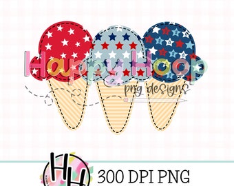 Patriotic Ice Cream Trio Faux Applique PNG Design, July 4th PNG, Independence Day PNG, Sublimation, HappyHoopPNG Designs, Faux Embroidery