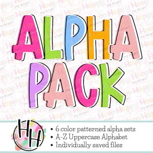 Può includere: Immagine con il testo "ALPHA PACK" in maiuscolo, ogni lettera di un colore diverso e bordata di nero. L'immagine include anche un logo e punti elenco che indicano: 6 set alfa a motivi colorati, Alfabeto maiuscolo A-Z e file salvati singolarmente.