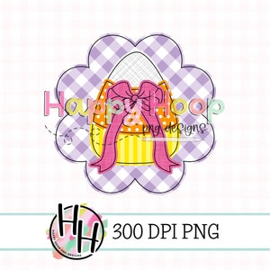 May include: A purple and white gingham background with a yellow and orange Easter egg with a pink bow. The text "Happy Hoop png designs" is in the image.