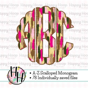 Pink Camo Glitter Brushstroke Scalloped Monogram, Full Alphabet Monogram, Camouflage Monogram PNG, Digital Download, HappyHoopPNG Alpha Pack