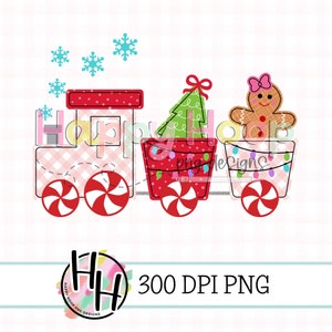 May include: A red, white, and green Christmas train with a candy cane design. The train has three cars, one with a Christmas tree, one with a gingerbread person, and one with lights. The train is on a pink and white background with snowflakes.