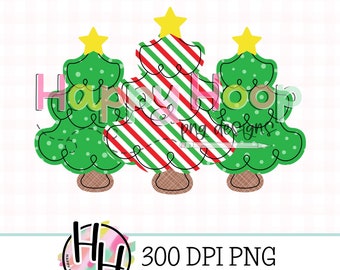 Doodle Christmas Tree Trio Faux Applique PNG, Whimsy Christmas Trees PNG Design, Faux Embroidery, Christmas Trees with Stars, HappyHoopPNG