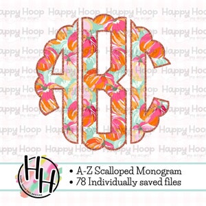 May include: A-Z Scalloped Monogram with a pumpkin pattern in orange, pink, and green. 78 Individually saved files.