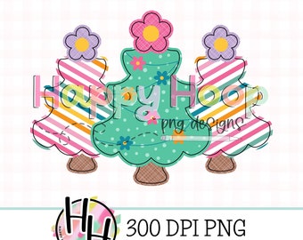 Groovy Christmas Tree Trio Faux Applique PNG, Retro Groovy Christmas PNG Design, Faux Embroidery, Tree Trio Design, HappyHoopPNG, Whimsical