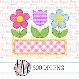 May include: A digital embroidery design featuring three flowers in a pot. The flowers are a pink flower with white polka dots, a purple tulip with white stripes, and a light blue flower with white polka dots. The pot is pink and white checkered with a yellow border.