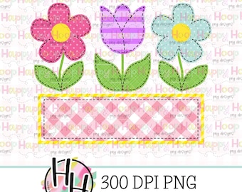 Spring Flowers Faux Applique Clipart, Digital Embroidery Look Floral Design, Cute Patchwork Flower PNG, Scrapbooking & Sublimation Graphics