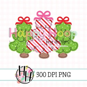 Doodle Christmas Tree Trio Faux Applique PNG, Whimsy Christmas Trees PNG Design, Faux Embroidery, Christmas Trees with Bows, HappyHoopPNG