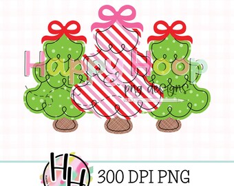 Doodle Christmas Tree Trio Faux Applique PNG, Whimsy Christmas Trees PNG Design, Faux Embroidery, Christmas Trees with Bows, HappyHoopPNG
