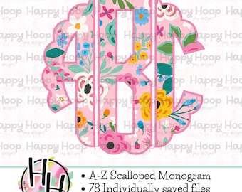 Pink Floral Scalloped Monogram, Full Alphabet Monogram, Doodle Monogram PNG, Spring Floral Monogram, Floral Monogram PNG Alpha Set