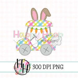 イースター ゴルフ カート 春のチェック柄フェイク アップリケ PNG、イースター ゴルフ カート にんじんの旗、HappyHoopPNG デザイン、ゴルフ カート PNG、フェイク刺繍