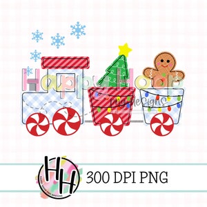 May include: A red, white, and blue Christmas train with candy cane wheels. The train has three cars: a locomotive, a car with a Christmas tree, and a car with a gingerbread man. The train is on a white background with snowflakes.