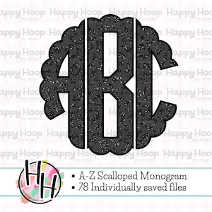 May include: A black and gray monogram design with the letters "ABC" in a scalloped frame. The letters have a leopard print pattern. The image also includes the text "A-Z Scalloped Monogram" and "78 Individually saved files".