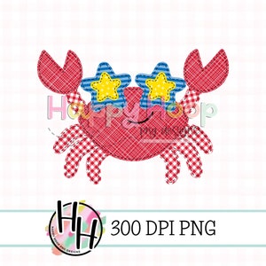 May include: A whimsical crab design with a red plaid body and claws, wearing blue star-shaped sunglasses with yellow star accents. The image includes the text "Happy Hoop PNG Designs" and "300 DPI PNG".