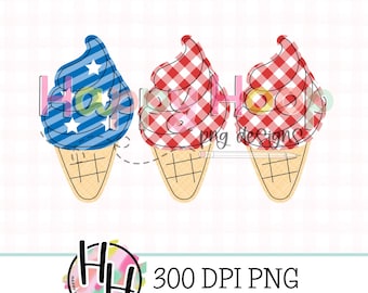 Patriotic Ice Cream Cone Trio Faux Applique PNG Design, July Fourth Design, HappyHoopPNG Designs, Faux Embroidery, USA Popsicles PNG Design