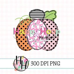 May include: A digital design featuring a pumpkin made of three circles with different patterns. The circles are orange with black polka dots, pink with white ghosts, and black with white polka dots. The text "Happy Hoop" is written in pink and black letters on the pumpkin.