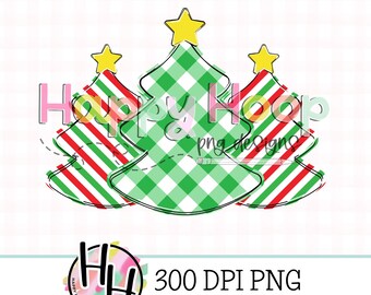 Christmas Tree Trio Faux Applique PNG, Christmas Trees PNG Design, Faux Embroidery, Christmas Trees with Stars, HappyHoopPNG, rd&grn