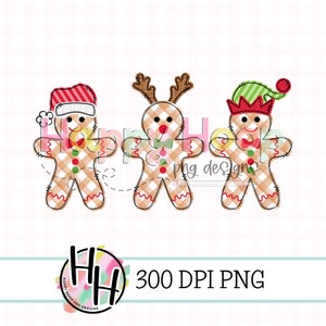 Christmas Gingerbread Trio Faux Applique PNG, Gingerbread PNG Design, Faux Embroidery, Doodle Christmas PNG Design, HappyHoopPNG Designs