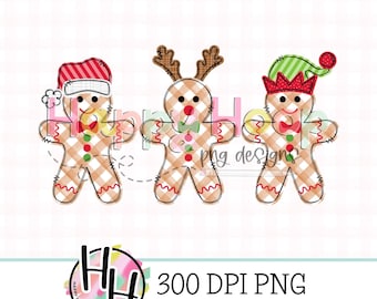Christmas Gingerbread Trio Faux Applique PNG, Gingerbread PNG Design, Faux Embroidery, Doodle Christmas PNG Design, HappyHoopPNG Designs