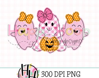 Meisje spooktrio met strikken nepappliqué png, girly spoken, namaakborduurwerk, kinder Halloween-png, HappyHoopPNG-ontwerpen, meisjesspookappliqué