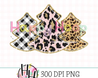 Christmas Tree Trio Faux Applique PNG, Glitter Christmas Trees PNG Design, Faux Embroidery, Leopard and Plaid Tree Trio, HappyHoopPNG Design