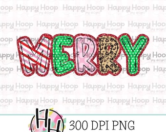 Glitter Doodle Merry Faux Applique PNG, Christmas PNG Design, Faux Embroidery, Merry Clipart, HappyHoopPNG Designs, Merry PNG Design