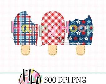Patriotic Popsicle Trio Name Plate Faux Applique Design, July 4th PNG, Summer Sublimation PNG Design, HappyHoopPNG Designs, Faux Embroidery