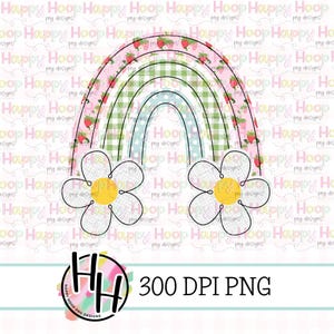 May include: A rainbow with a pink, green, blue, and white checkered pattern. Two white daisies with yellow centers are at the bottom of the rainbow.
