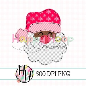 May include: A pink and red Santa Claus face with a gingham beard and a pink and white striped hat with snowflakes. The image is a 300 DPI PNG file.