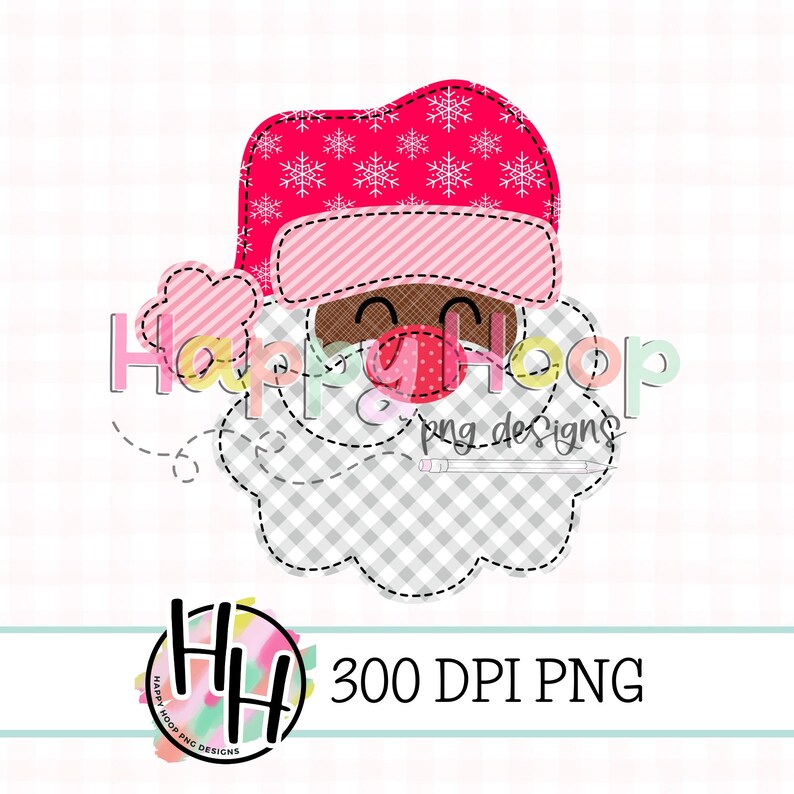 May include: A pink and red Santa Claus face with a gingham beard and a pink and white striped hat with snowflakes. The image is a 300 DPI PNG file.