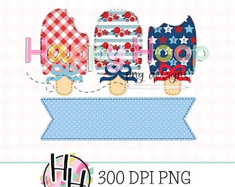 Patriotic Popsicle Trio with Bows Faux Applique Design, July 4th PNG, Summer Sublimation PNG Design, HappyHoopPNG Designs, Faux Embroidery