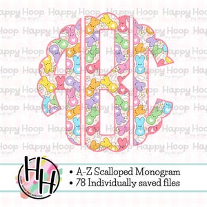 May include: An A-Z Scalloped Monogram with a pastel pink, yellow, blue, and green Easter bunny and flower pattern. The text "A-Z Scalloped Monogram" and "78 Individually saved files" is below the monogram.