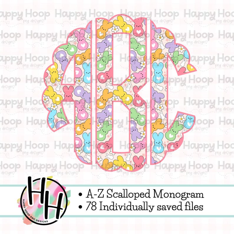 May include: An A-Z Scalloped Monogram with a pastel pink, yellow, blue, and green Easter bunny and flower pattern. The text "A-Z Scalloped Monogram" and "78 Individually saved files" is below the monogram.