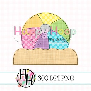 May include: A colorful beach ball with polka dots sits on a tan beach towel. The text "Happy Hoop png designs" is above the beach ball.