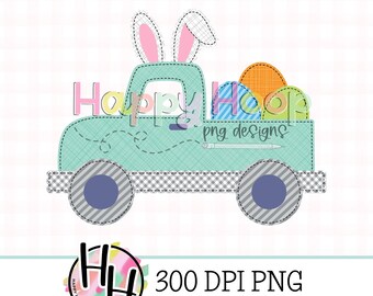 Easter Eggs Truck Faux Applique PNG, Easter Printable, Easter Sublimation Design, Faux Embroidery, HappyHoopPNG, Bunny Ears PNG Design