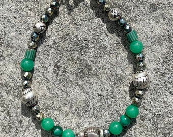 Silver and green handmade beaded bracelet, wired with lobster clasp, unisex