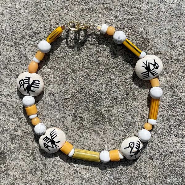 Hieroglyphics beaded bracelet, Yellow White Gold Lobster Clasp