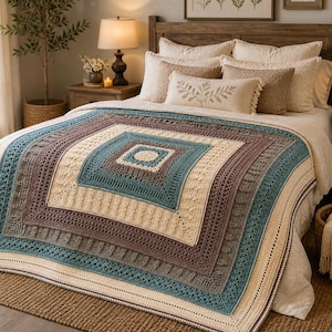 May include: A large square crochet blanket featuring concentric geometric patterns in shades of cream, teal, and brown. The blanket is draped over a bed and displays intricate stitch textures, including ribbed and openwork designs in a symmetrical layout.