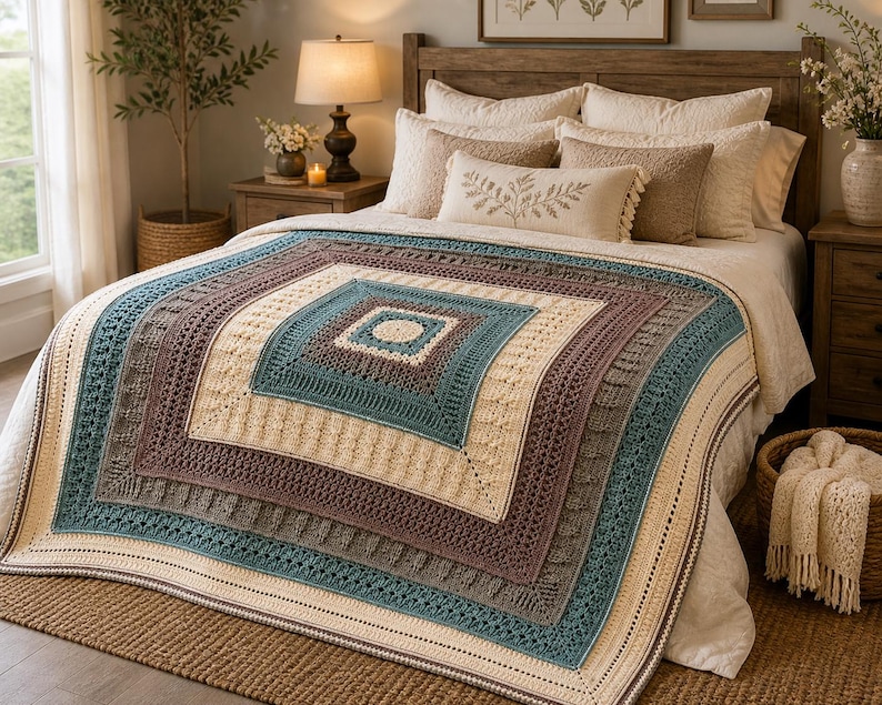 May include: A large square crochet blanket featuring concentric geometric patterns in shades of cream, teal, and brown. The blanket is draped over a bed and displays intricate stitch textures, including ribbed and openwork designs in a symmetrical layout.