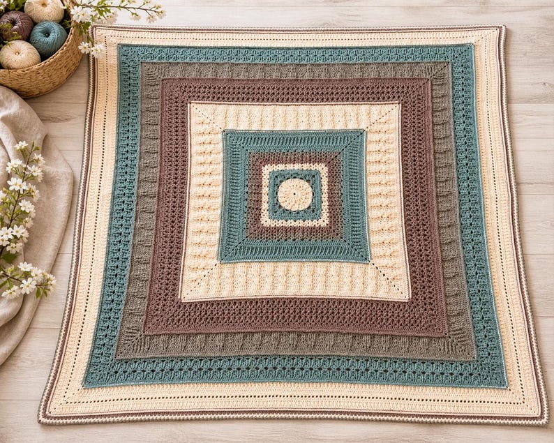 May include: A square crochet blanket featuring a central circle surrounded by concentric square borders in cream, teal, and brown. The design incorporates various textured stitch patterns, including ribbed and openwork sections, creating a geometric layered appearance.