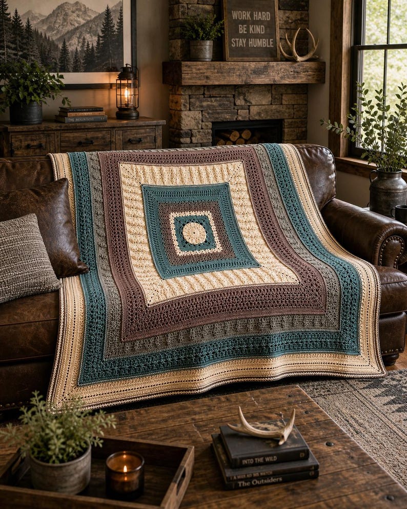 May include: A square crochet blanket featuring concentric geometric patterns in shades of cream, teal, and brown. The design includes a central circle surrounded by alternating textured stitches, intricate lace-like borders, and solid color bands.