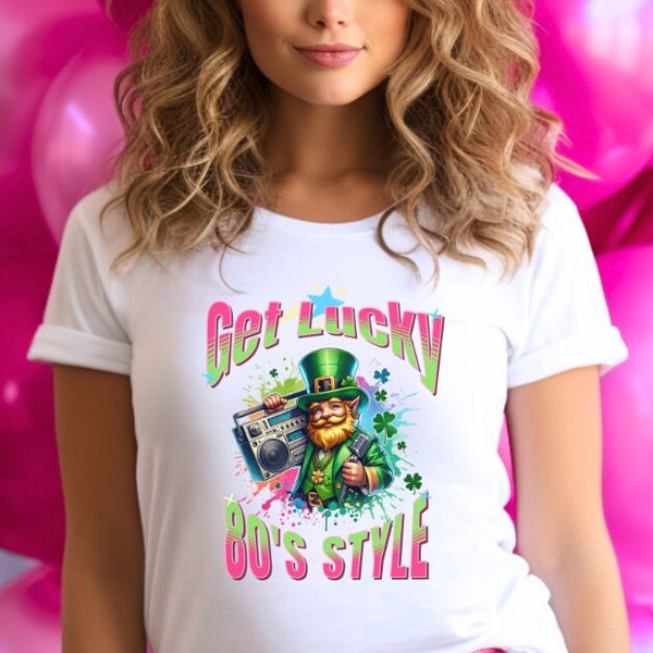 St. Patrick's day t-shirt 80s style, boombox, Retro 80s design, 80s style party, Leprechaun boombox hip hop design, pot of gold, rainbow fun