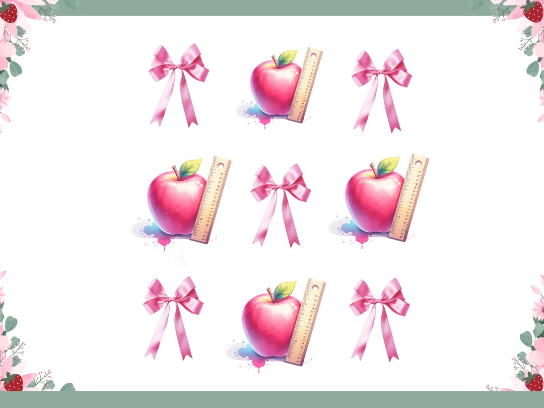 Coquette Teacher Clipart PNG: Pink Bows, Apples, Rulers (digital ...