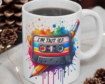 Retro 80s Coffee Mug: Watercolor Cassette Tape & Pencil