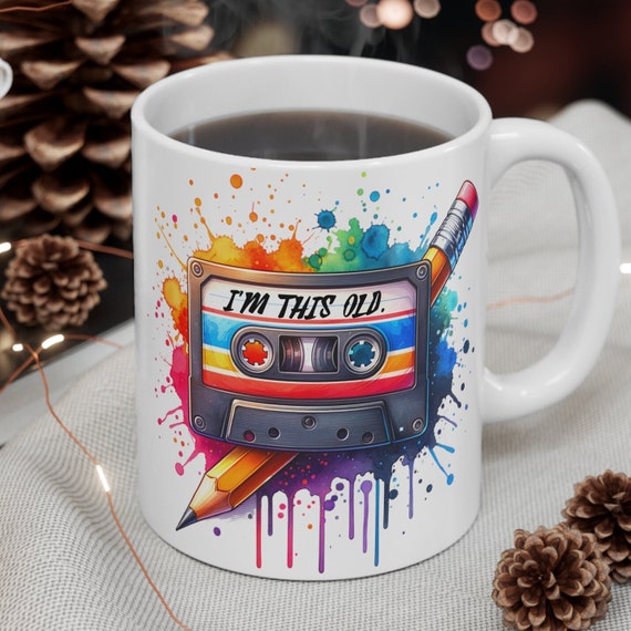 Retro 80s Coffee Mug: Watercolor Cassette Tape & Pencil - Etsy