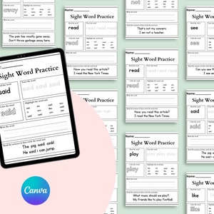 Op de afbeelding: Een set printbare werkbladen om zichtwoorden te oefenen. Elk werkblad bevat een ander zichtwoord, zoals "lezen", "zei", "zien", "spelen" en "leuk". De werkbladen bevatten activiteiten zoals het lezen van het woord, het traceren van het woord, het kleuren van het woord, het markeren van het woord en het schrijven van het woord in een zin.