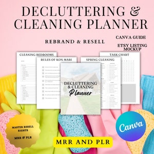 Puede incluir: Un planificador de limpieza y organización imprimible con una ilustración de casa de acuarela. El planificador incluye secciones para limpiar dormitorios, limpieza de primavera y una tabla de tareas. El texto "MRR y PLR" es visible en la imagen.