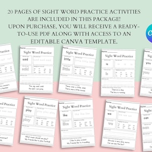 Fogli di lavoro educativi PLR Sight Words, con diritti di rivendita Master, fogli di lavoro per imparare a scrivere, collegamento PDF e Canva