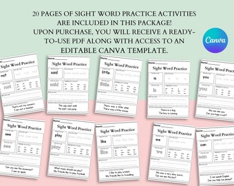 PLR Sight Words Educational Worksheets, with Master Resell Rights, Learn to Write Worksheets, PDF and Canva link