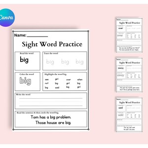 Op de afbeelding: Zwart-witte printbare werkblaad voor het oefenen van het zichtwoord "big". De werkblaad bevat activiteiten zoals lezen, traceren, kleuren, markeren, schrijven en het lezen van zinnen. De werkblaad bevat de zin "Tom heeft een groot probleem. Die huizen zijn groot."